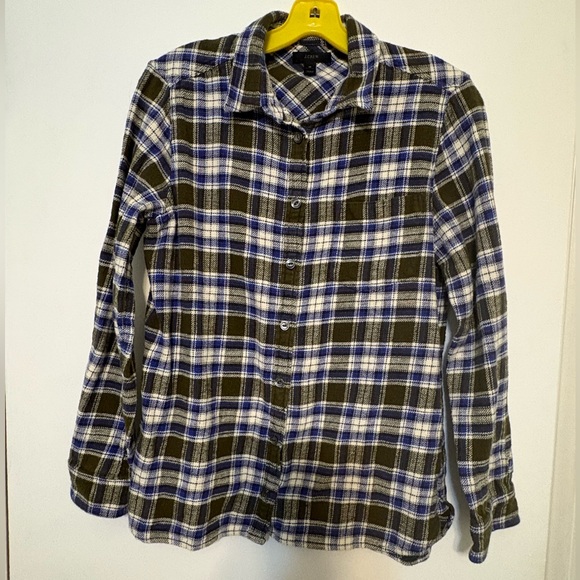 J. Crew Tops - J.Crew Green Blue White Plaid Button Up Plaid Flannel Shirt Size 10 Cabin Fall